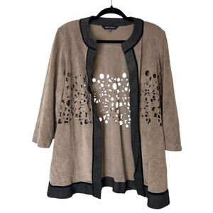 Ming Wang Heritage Laser Cut Faux Suede Open Jacket Blazer Medium Tan Designer